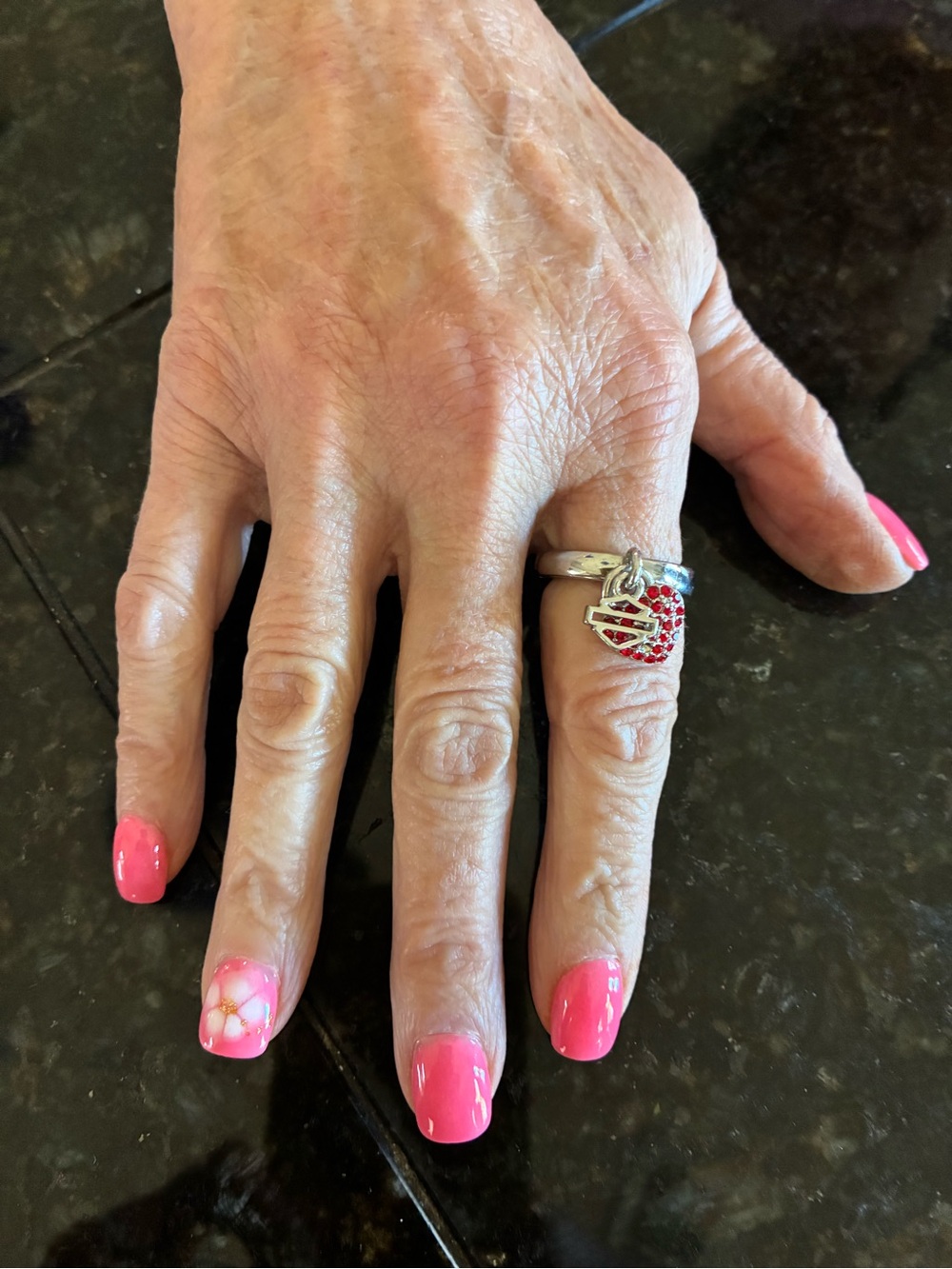 Harley-Davidson Silver Ring with Red Heart Charm